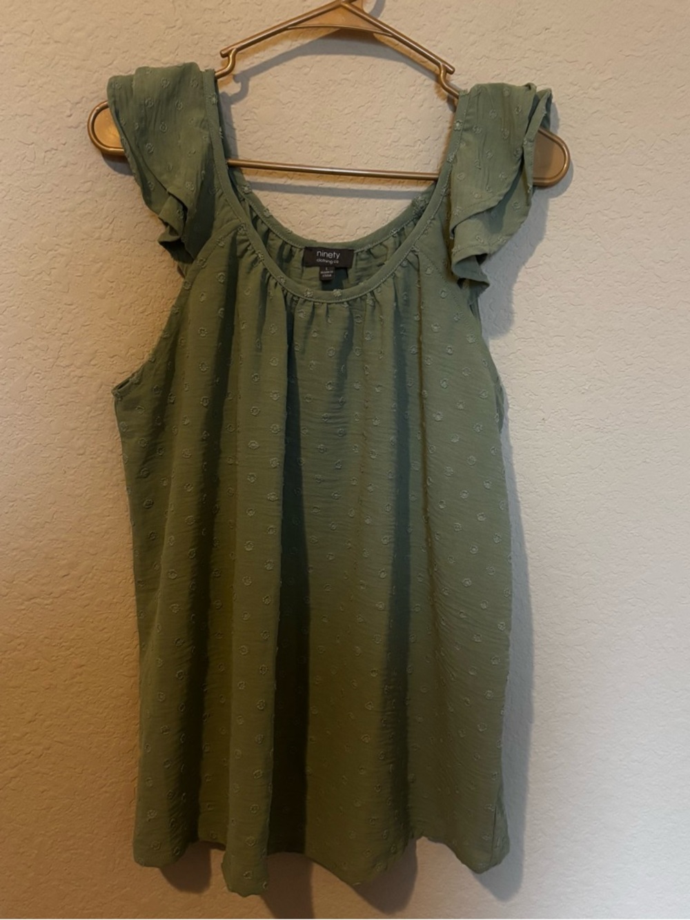 Ninety Clothing Co Womens Olive Green Swiss Dot Flutter Sleeve Blouse Size Large